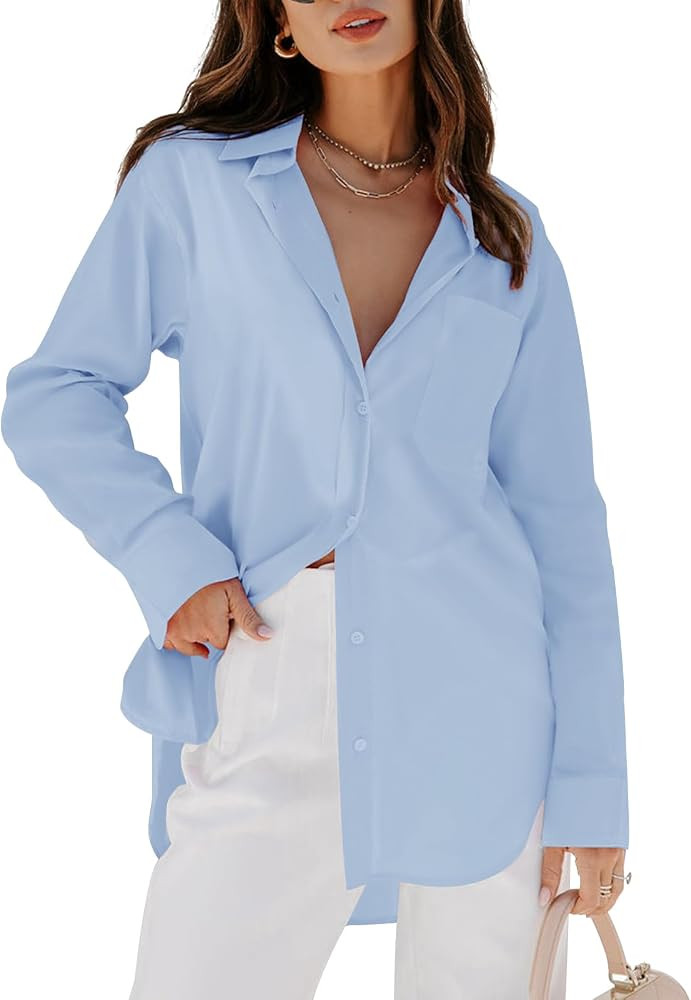 siliteelon Womens Button Down Shirts Dress Shirts Long Sleeve Blouses V Neck Solid Casual Tunics ... | Amazon (US)