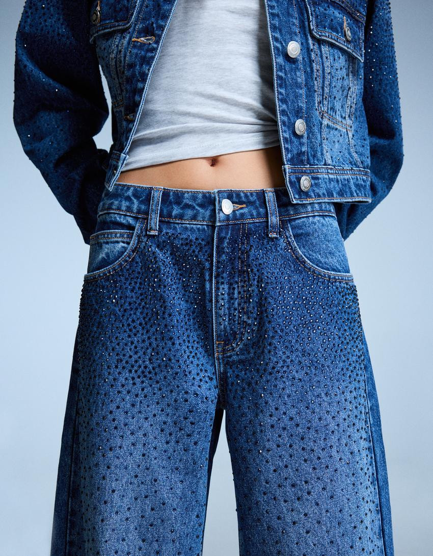 Straight jeans with rhinestone details - Women | Bershka GB