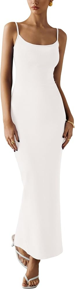 dowerme Women's Summer Bodycon Dress 2025 Casual Spaghetti Straps Scoop Neck Slit Knitted Maxi Ho... | Amazon (US)