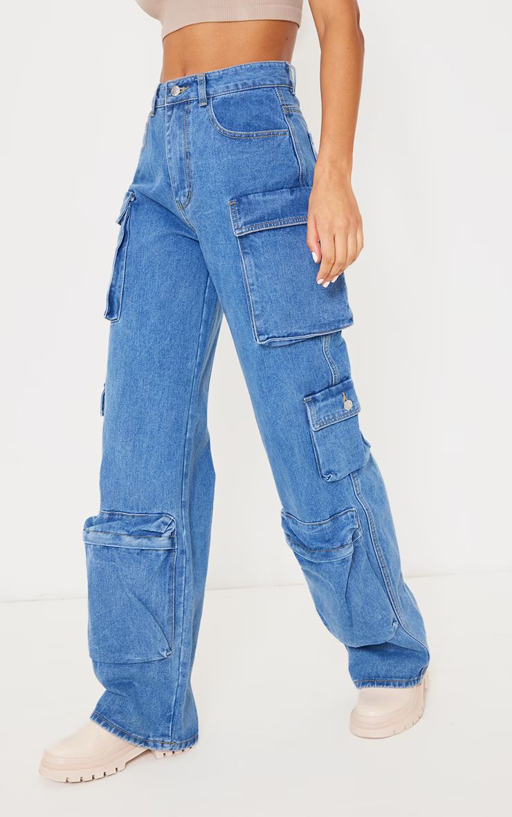 Mid Blue Wash Cargo Pocket Detail Wide Leg Jeans | PrettyLittleThing US