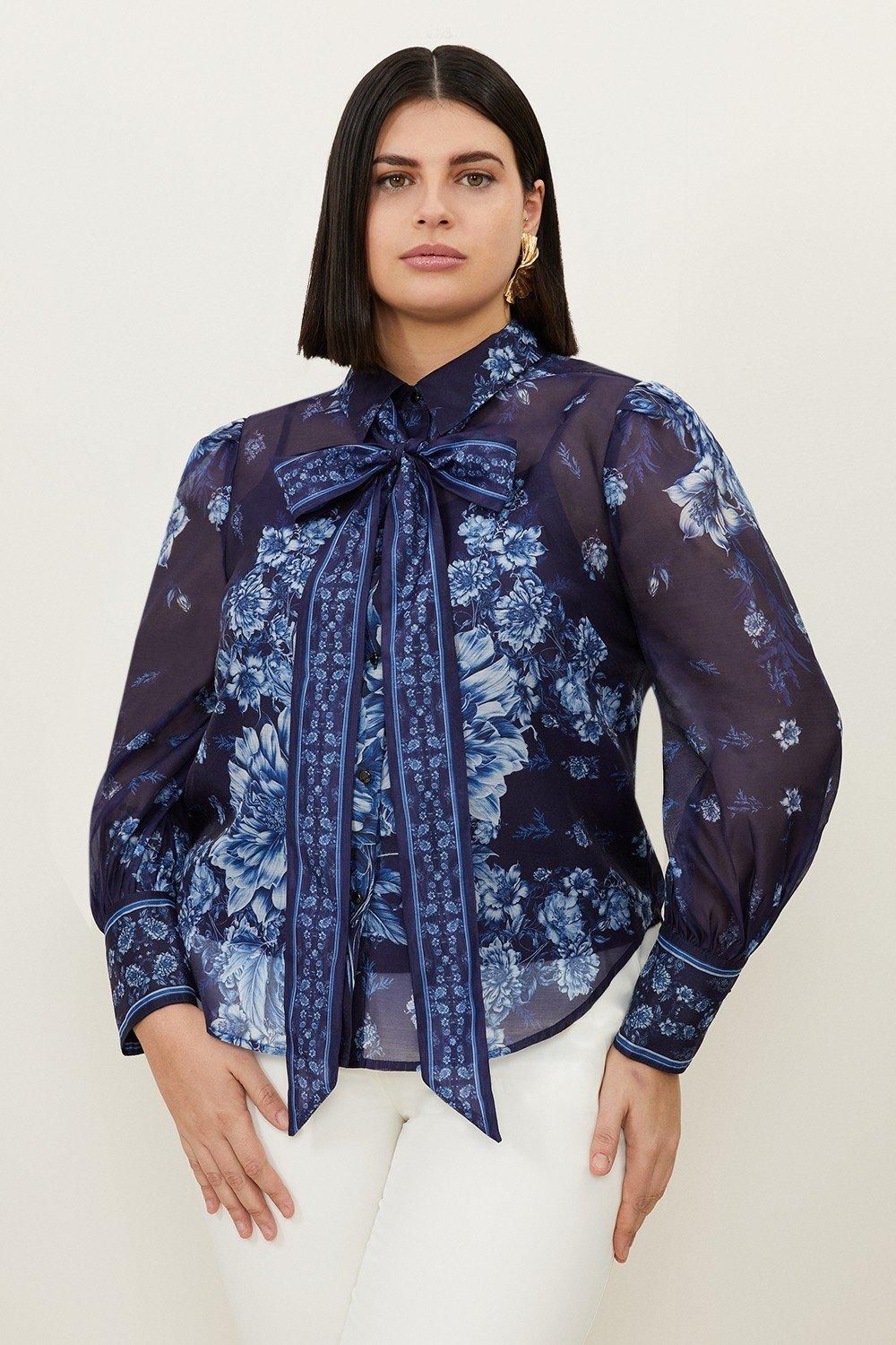 Plus Size Organdie Floral Placement Print Tie Woven Blouse | Karen Millen US