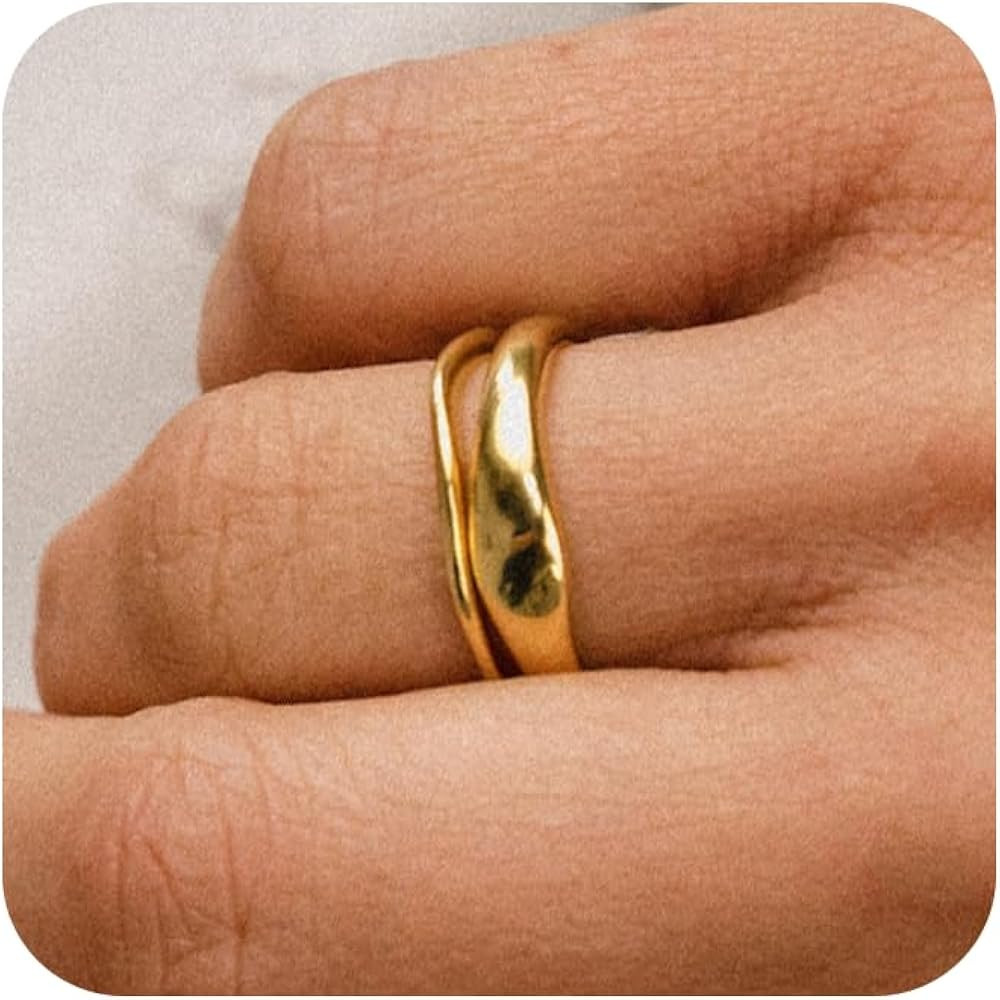 2PCS Gold Rings for Women 14k Gold Plated Stackable Thin Rings for Women Rings Non Tarnish Rings ... | Amazon (US)