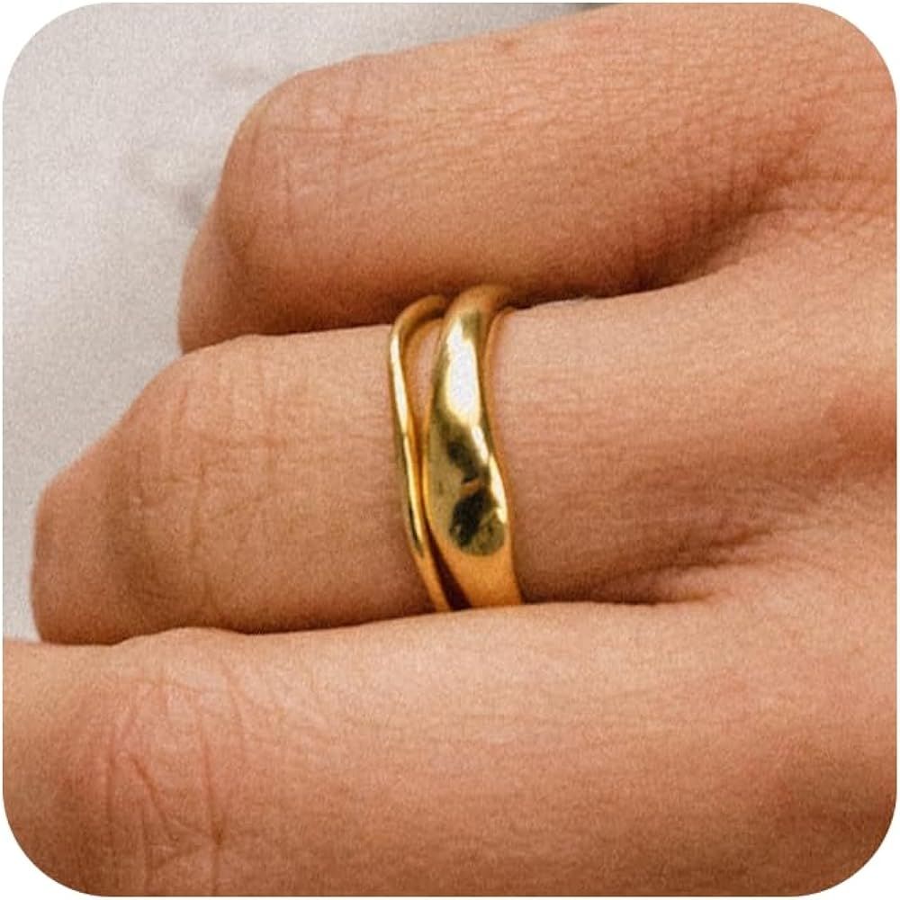 2PCS Gold Rings for Women 14k Gold Plated Stackable Thin Rings for Women Rings Non Tarnish Rings ... | Amazon (US)