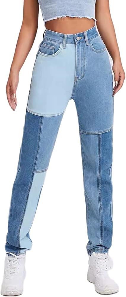 Womens Patchwork Jeans High Waisted Straight Leg Stretch Denim Pants Girls Fashion Color Block Pa... | Amazon (US)