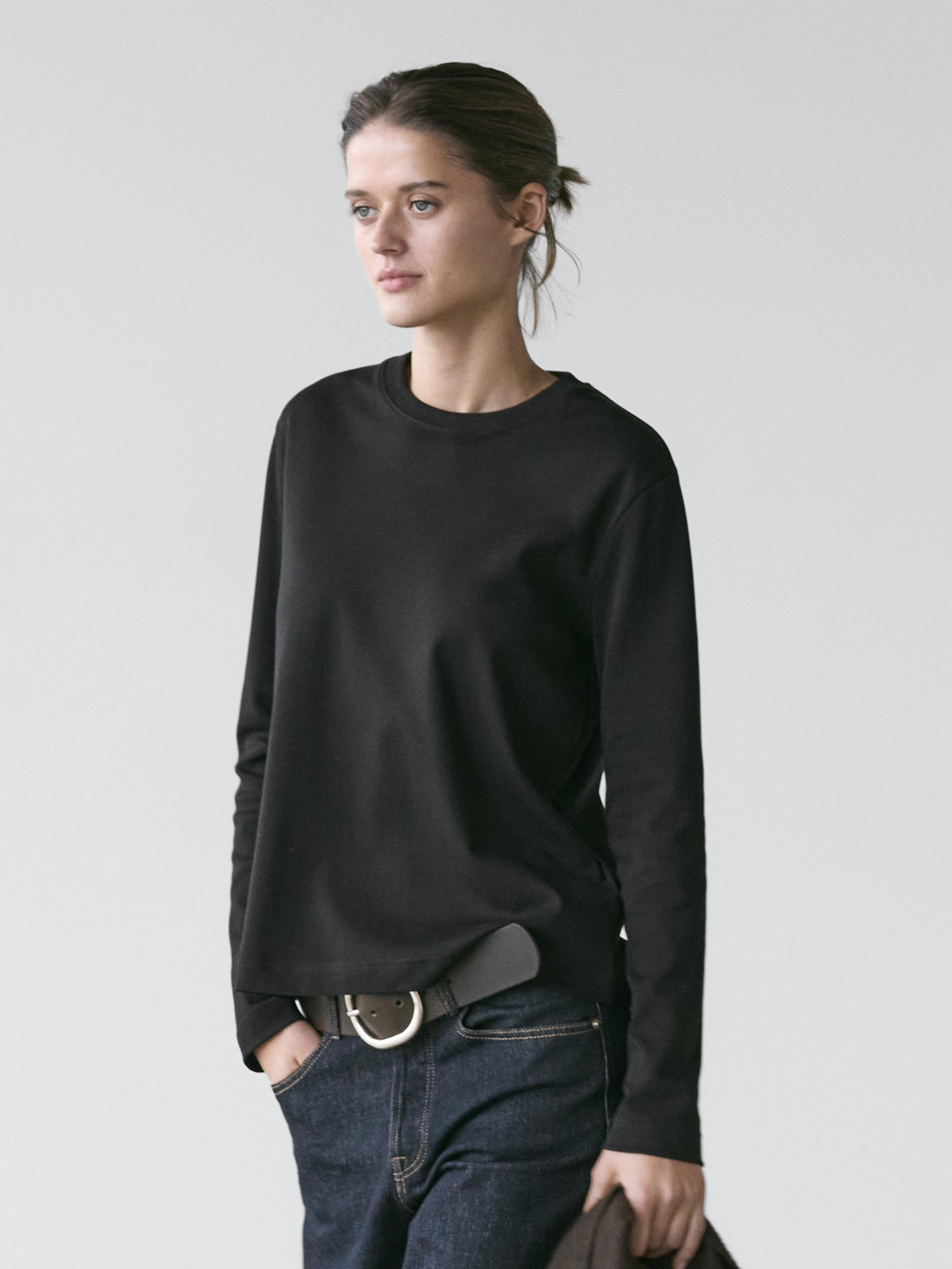 100% cotton interlock long sleeve T-shirt | Massimo Dutti UK