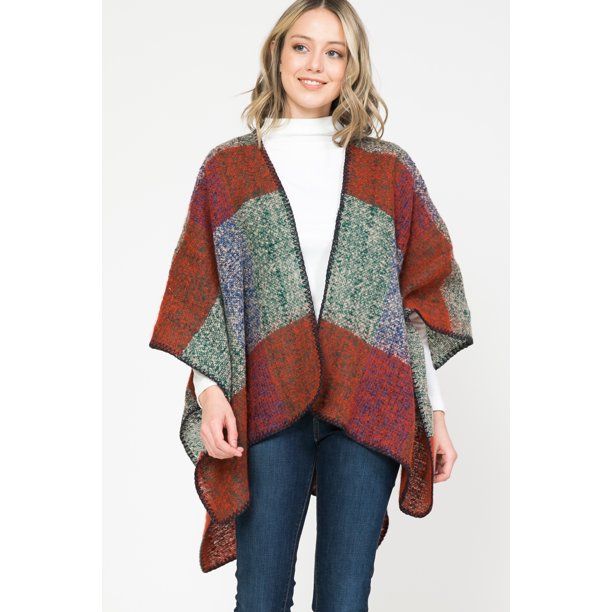 Women's Plaid Open Front Shawl Poncho Cloak Tassel Knitted Sweater Cardigan - Walmart.com | Walmart (US)