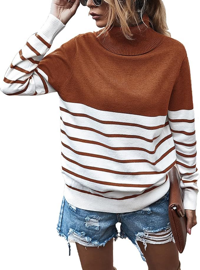 Amazon.com: KIRUNDO 2022 Fall Winter Women's Turtleneck Knitted Sweater Long Sleeves Stripe Patch... | Amazon (US)