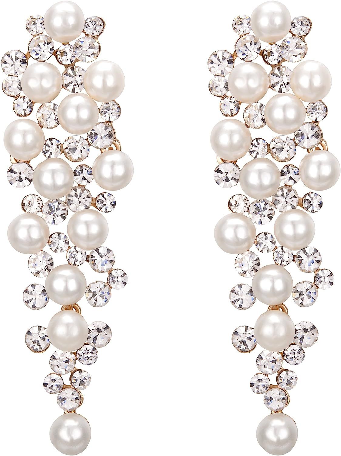 BriLove Women's Wedding Bridal Crystal Simulated Pearl Multi Beaded Cluster Chandelier Dangle Ear... | Amazon (US)
