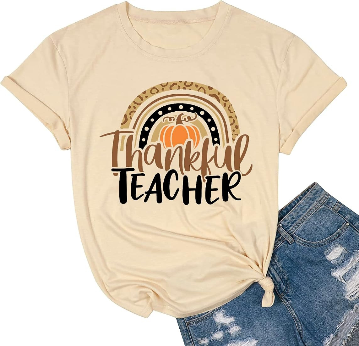 Thanksgiving Teacher Shirt for Women Thankful Rainbow Pumpkin Tshirt Funny Letter Print Short Sle... | Amazon (US)