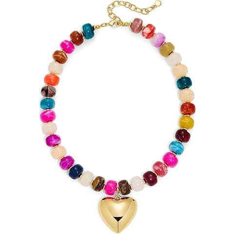 Chunky Heart Necklaces For Women With Colorful Beads Boho Beaded Statement Necklace Short Heart C... | Amazon (US)
