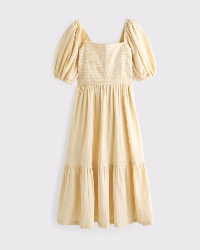 Abercrombie & Fitch Women's The A&F Emerson Linen-Blend Puff Sleeve Midi Dress in Yellow Print - Size M PETITE | Abercrombie & Fitch (US)