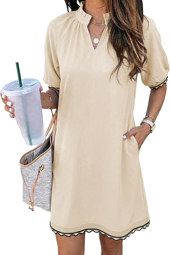 EVALESS Casual Dresses for Women 2026 Ruffle A Line Summer Dresses Loose V Neck Work Vacation Sho... | Amazon (US)