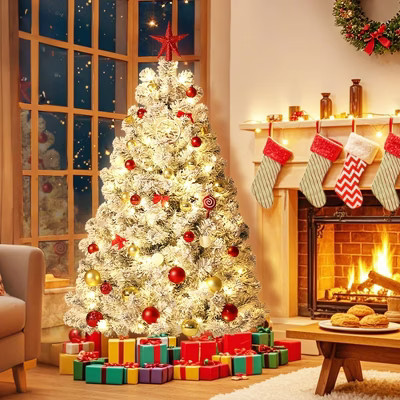 6ft Flocked Pre-Lit Christmas Tree with 250 Lights, 8 Modes and Foot Pedal, Foldable Stand | Target