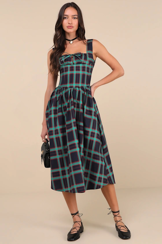 Dola Red and Green Plaid Dress Plaid Midi Dress Christmas Photo Outfits Christmas Picture Dress | Lulus