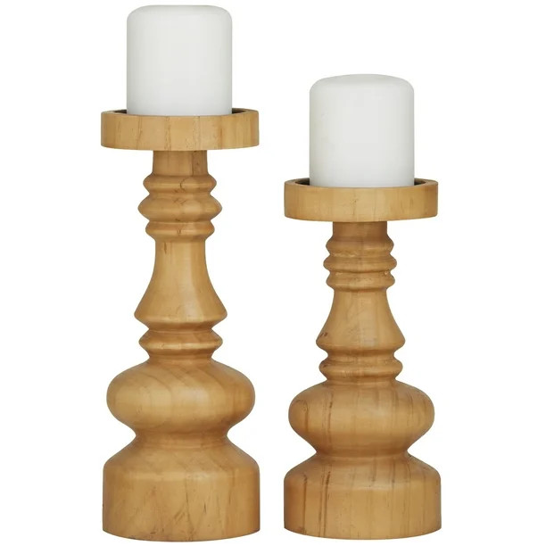 The Novogratz 2 Candle Brown Wood Round Turned Style Pillar Candle Holder, Set of 2 | Walmart (US)