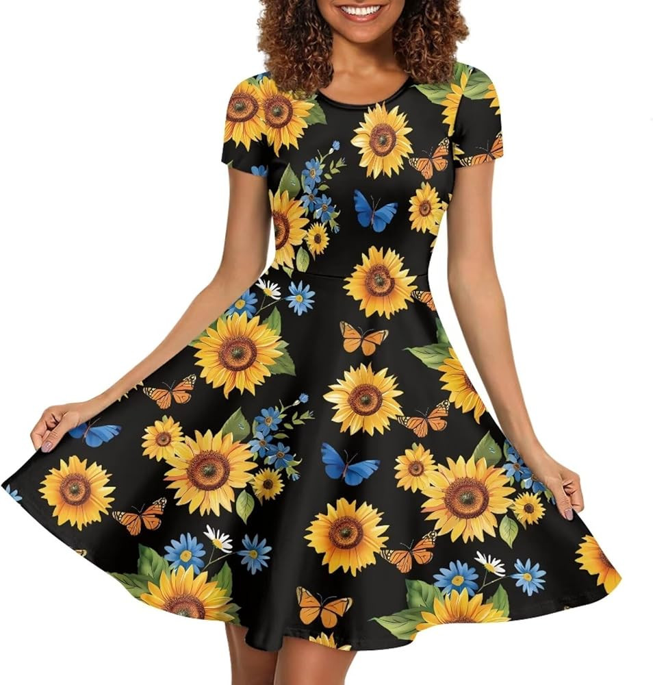 Summer Dresses for Women Beach Sundress Short Sleeve Casual A-line Swing Dress Skater Dress Plus ... | Amazon (US)