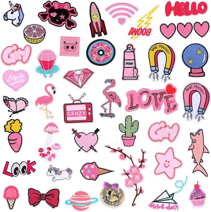 40 Pcs Valentine Girls Iron on Patches Embroidered Pretty Pink Appliques Cute Jacket Patches Hear... | Amazon (US)
