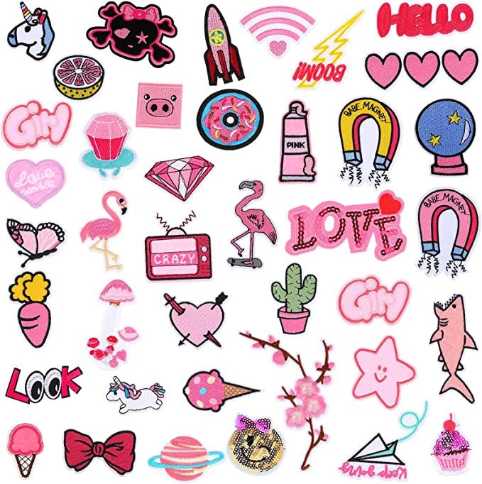 40 Pcs Valentine Girls Iron on Patches Embroidered Pretty Pink Appliques Cute Jacket Patches Hear... | Amazon (US)