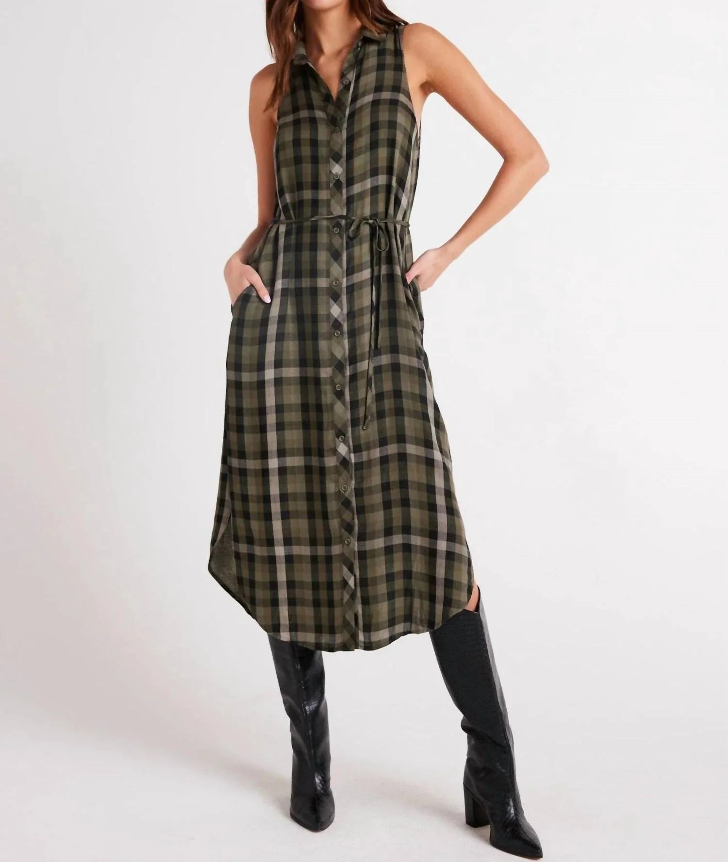 Plaid Midi Dress In Olive | Shop Simon