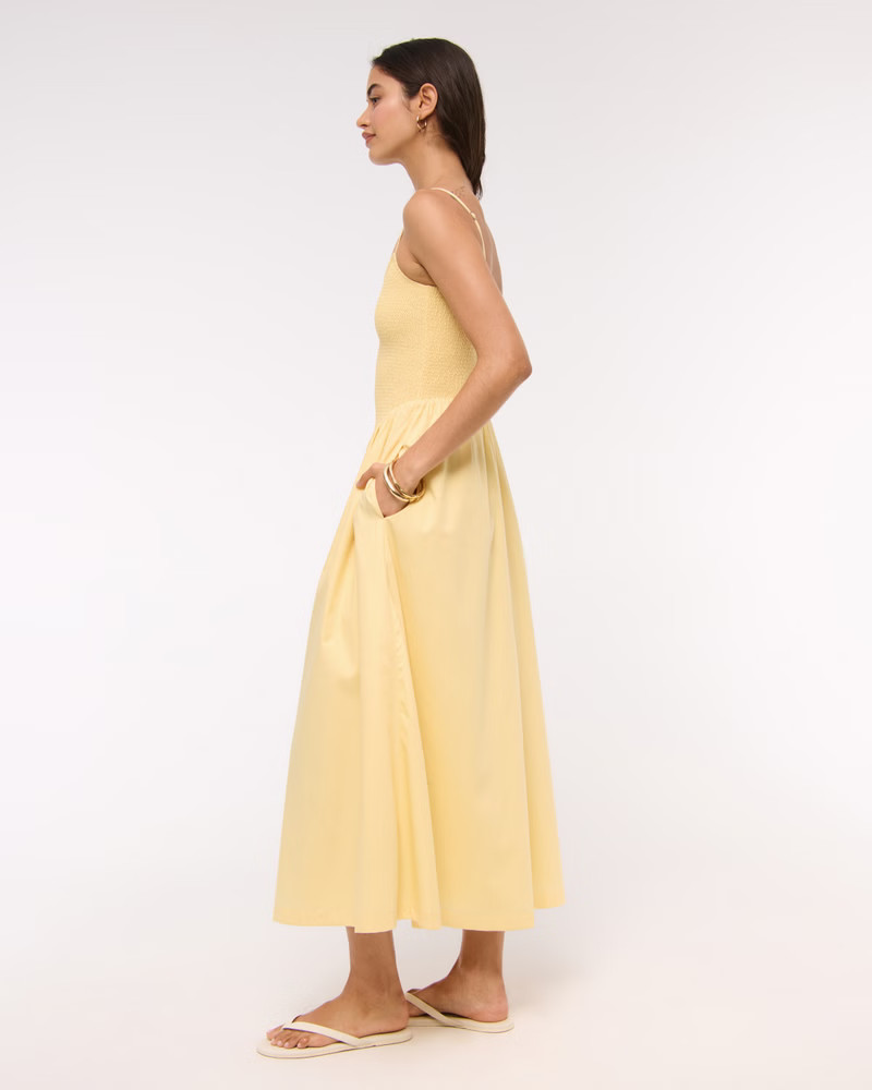 Women's Dipped-Waist Smocked Midi Dress | Women's Dresses & Jumpsuits | Abercrombie.com | Abercrombie & Fitch (US)