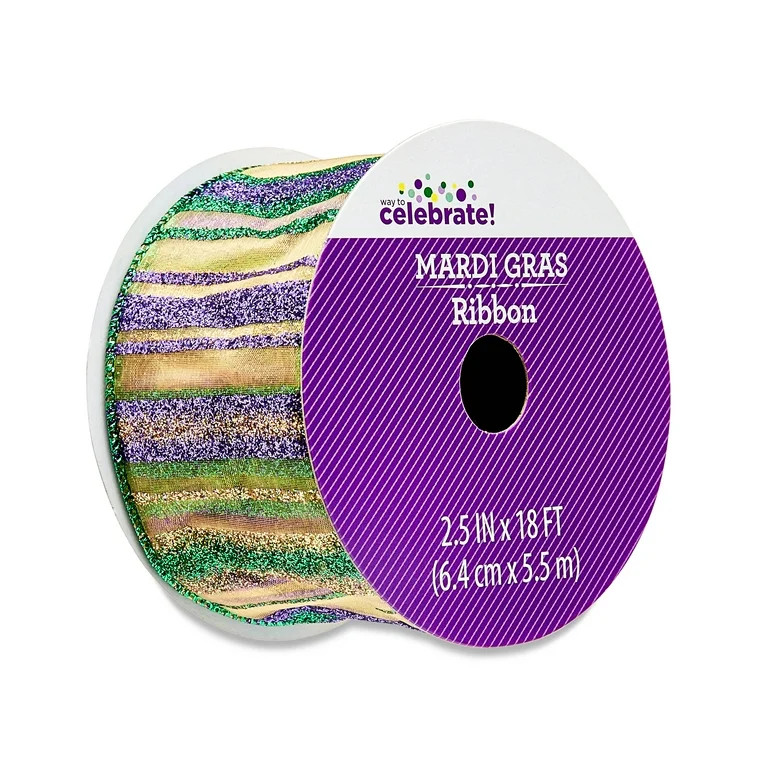 Glitter Striped Ribbon, Gold/Green/Purple, 18', Mardi Gras by Way To Celebrate | Walmart (US)