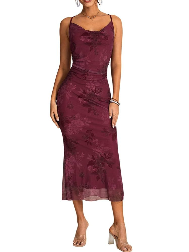 Milumia Women's Floral Cowl Neck Bodycon Maxi Dress Spaghetti Strap Mesh Long Dress Cocktail Part... | Amazon (US)