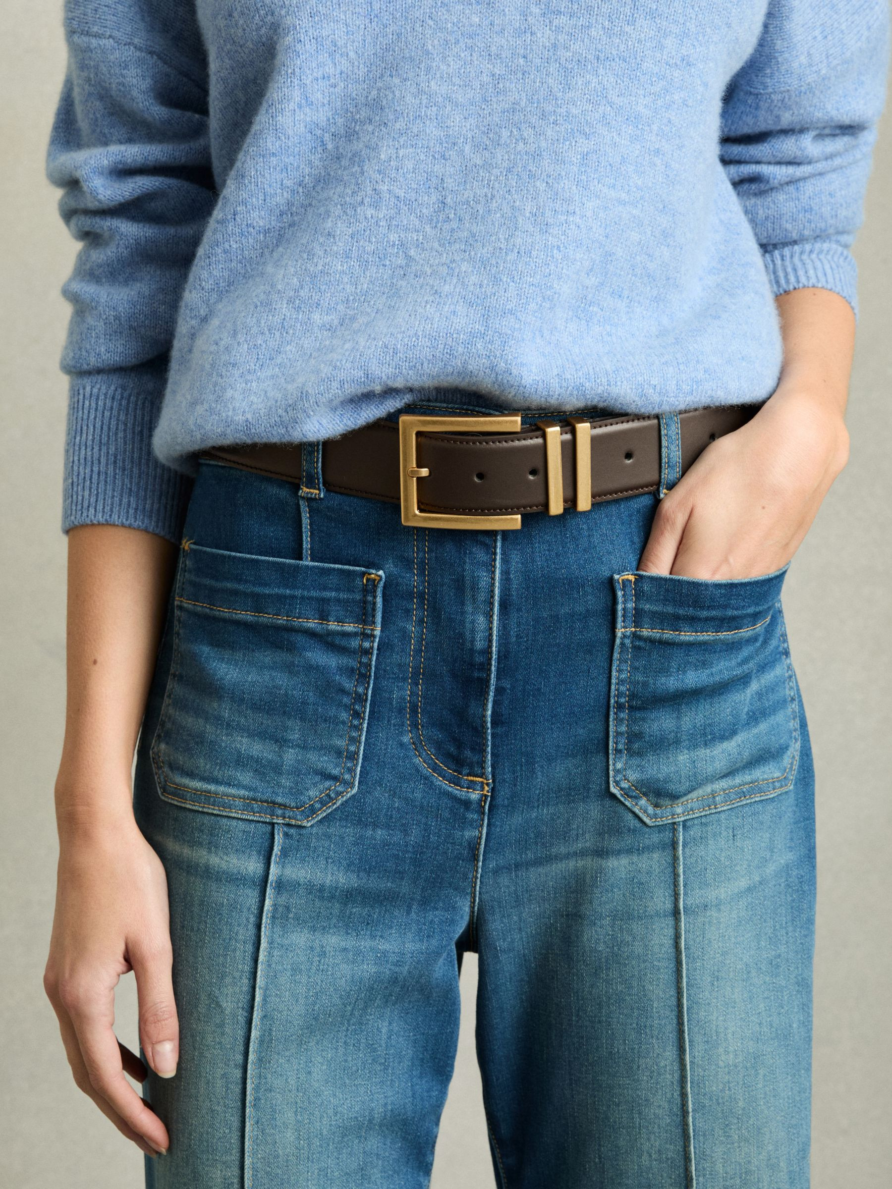 Leather Square Buckle Belt in Chocolate | Reiss UK