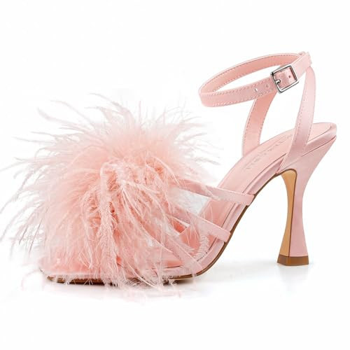 BCTEX COLL Women's Heeled Sandals Fluffy Feather Square Open Toe Ankle Strap Sexy Stiletto High Heels for Wedding Party Dance Evening, Pink, Size 7.5 | Amazon (US)