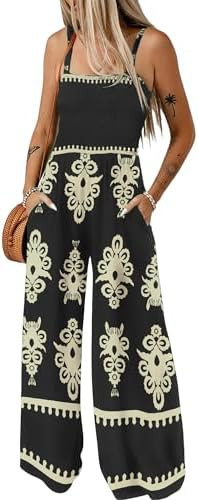 Bsubseach Women Boho Jumpsuits Sleeveless Floral Print High Waist Wide Leg Overalls with Pocket 2... | Amazon (US)