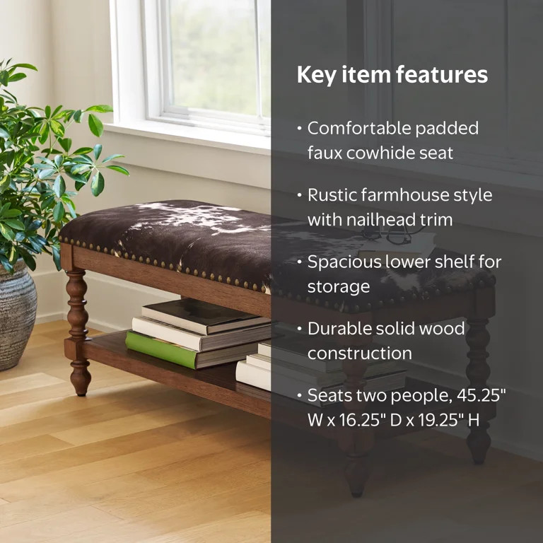 The Pioneer Woman Harper Bench, Faux Cowhide Fabric | Walmart (US)
