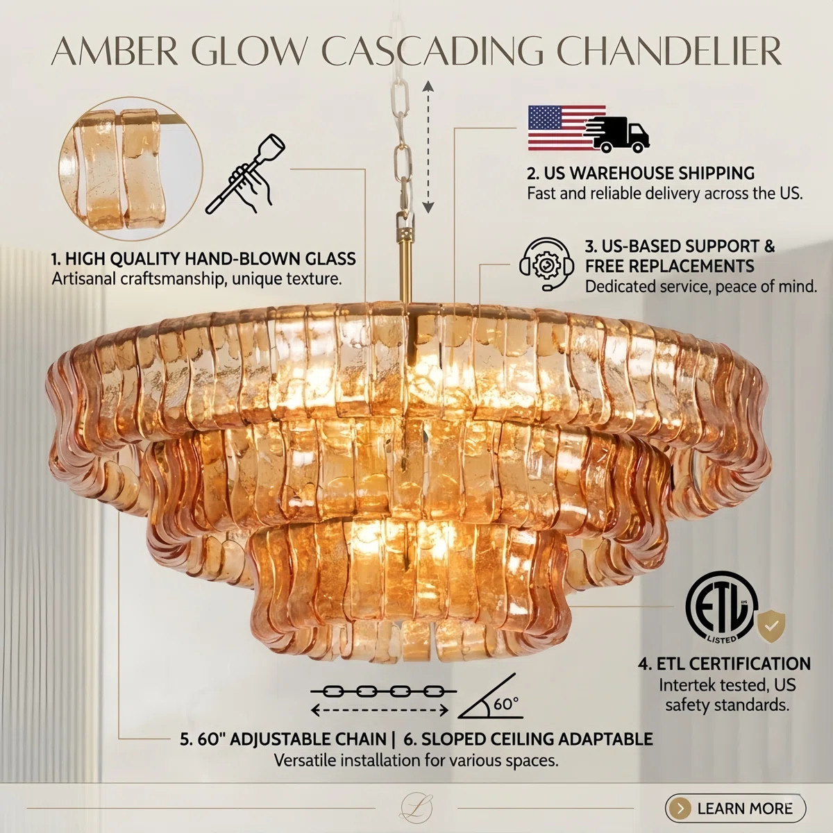 9-Light 32"W Polished Brass Modern Tired Chandelier with Hand-Blown Amber Glass for Dining Room o... | Wayfair North America
