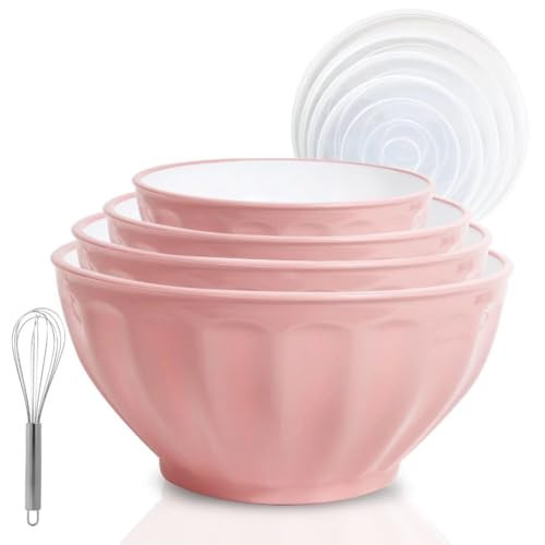 JCXivan Mixing Bowls with Lids Set,4 Piece Large Plastic Nesting Bowls,Includes 4 Microwave safe Mixing Bowl and An Egg Whisk for Kitchen Prepping,Baking,Cooking Food, Pink | Amazon (US)