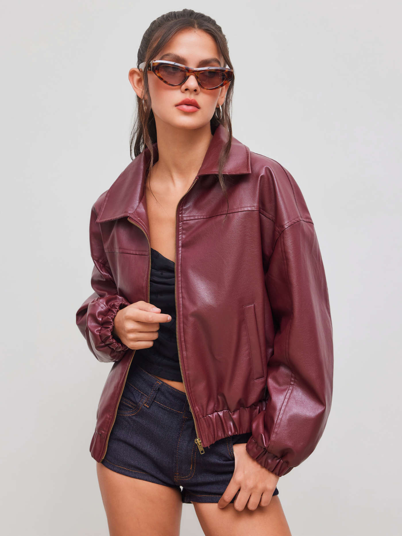 Faux Leather Collar Solid Pocket Zipper Bomber Jacket | Cider