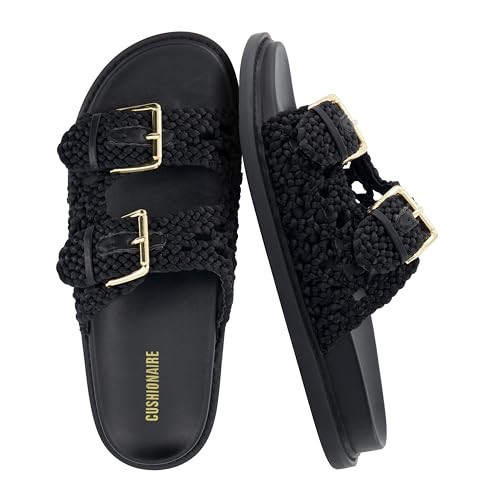 CUSHIONAIRE Weaver Summer Sandals for Women 2025 - Shiny Raffia Woven Slip On Womens Slides with Adjustable Buckle, BLACK 8 | Amazon (US)