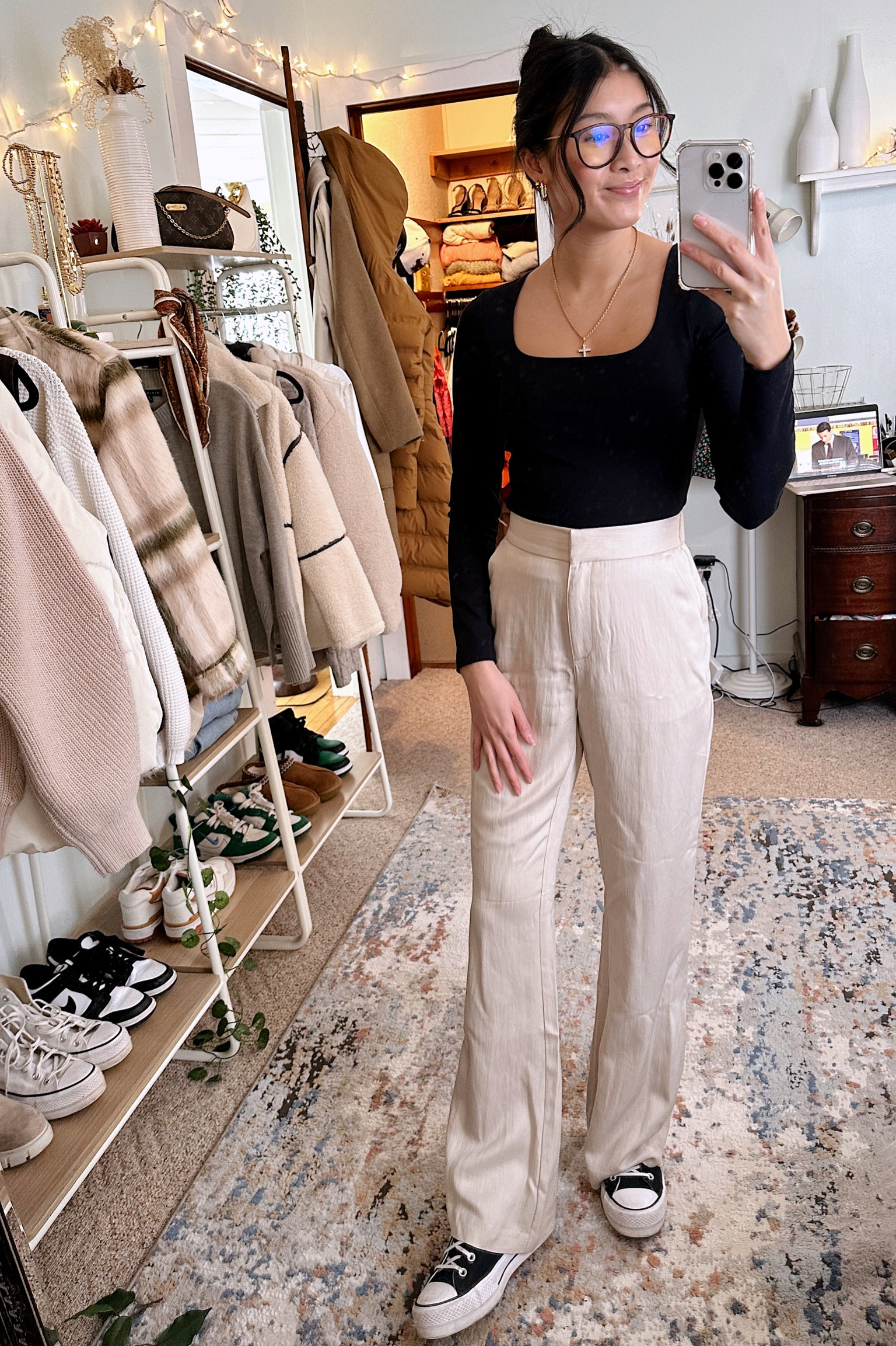 Workwear outfit, business casual everyday work attire! 
In love with this comfortable and cozy yet put together and professional outfit inspiration! 

Abercrombie top, H&M trousers, Platform black converse make for the perfect and affordable outfit! 

#LTKFind #LTKworkwear #LTKunder50