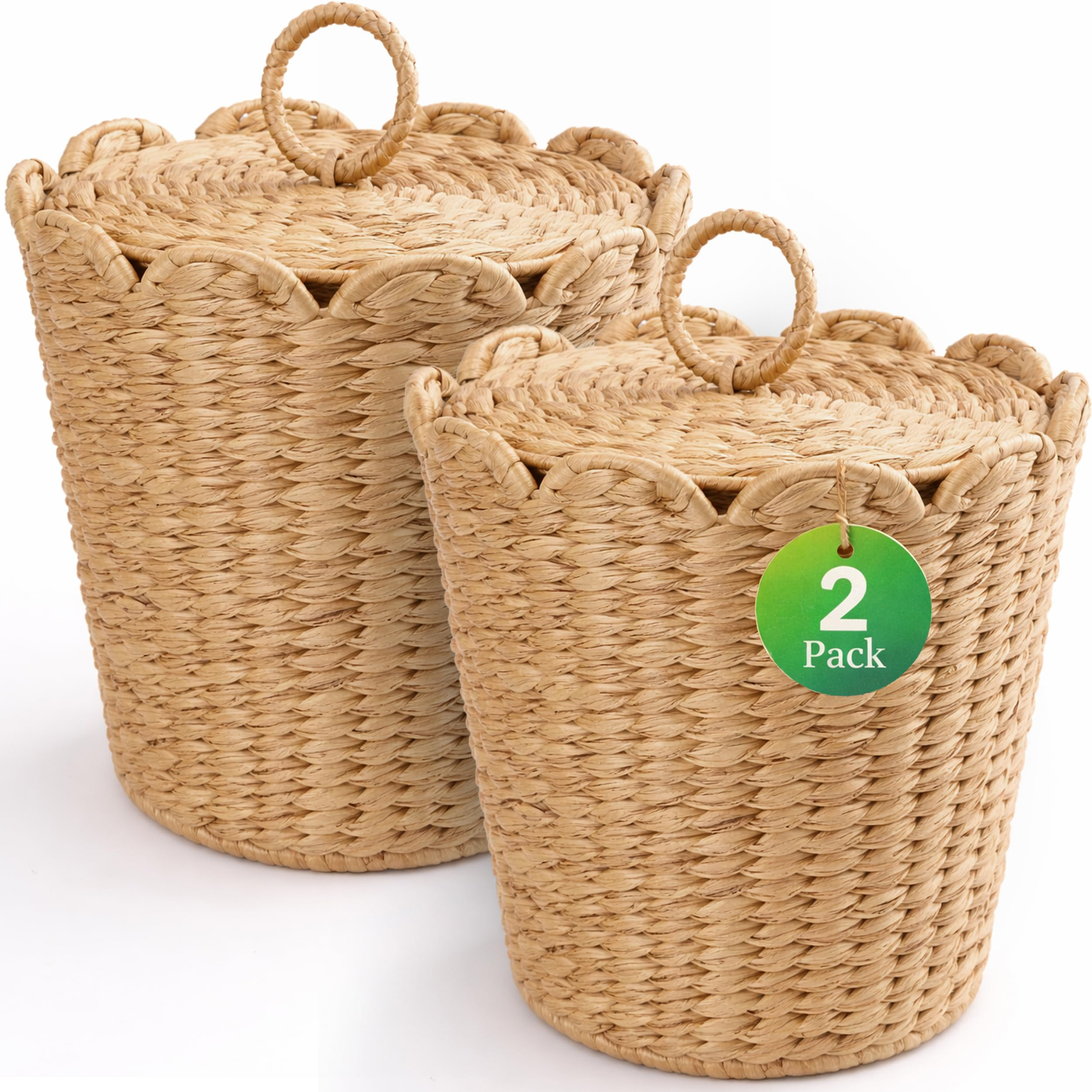 2 Pack 3.7 Gallon Wicker Trash Can with Lid, Scalloped Handwoven Water Hyacinth Bathroom Waste Ba... | Amazon (US)