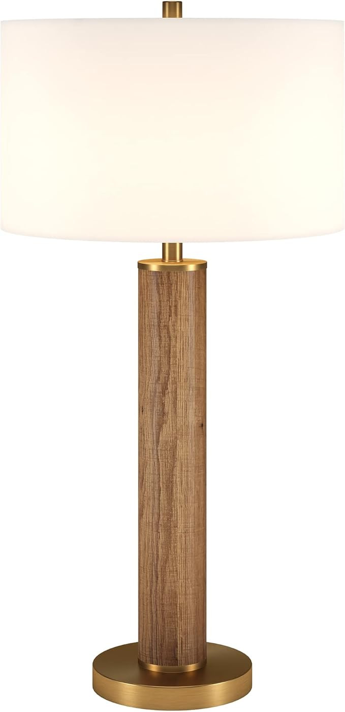 Henn&Hart 29" Tall Table Lamp with Fabric Shade in Rustic Oak/Brass, for Home, Living Room, Bedro... | Amazon (US)