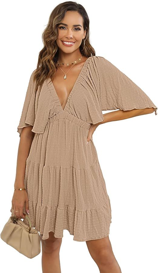 Women's Summer V-Neck, Tiered Silhouette with Flutter Sleeves Mini Dress for Casual | Amazon (US)