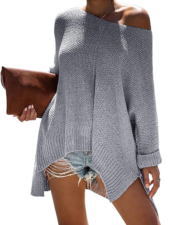LOMON Women Off Shoulder V Neck Loose Knitted Sweater Oversized Pullover High Low Hemline | Amazon (US)