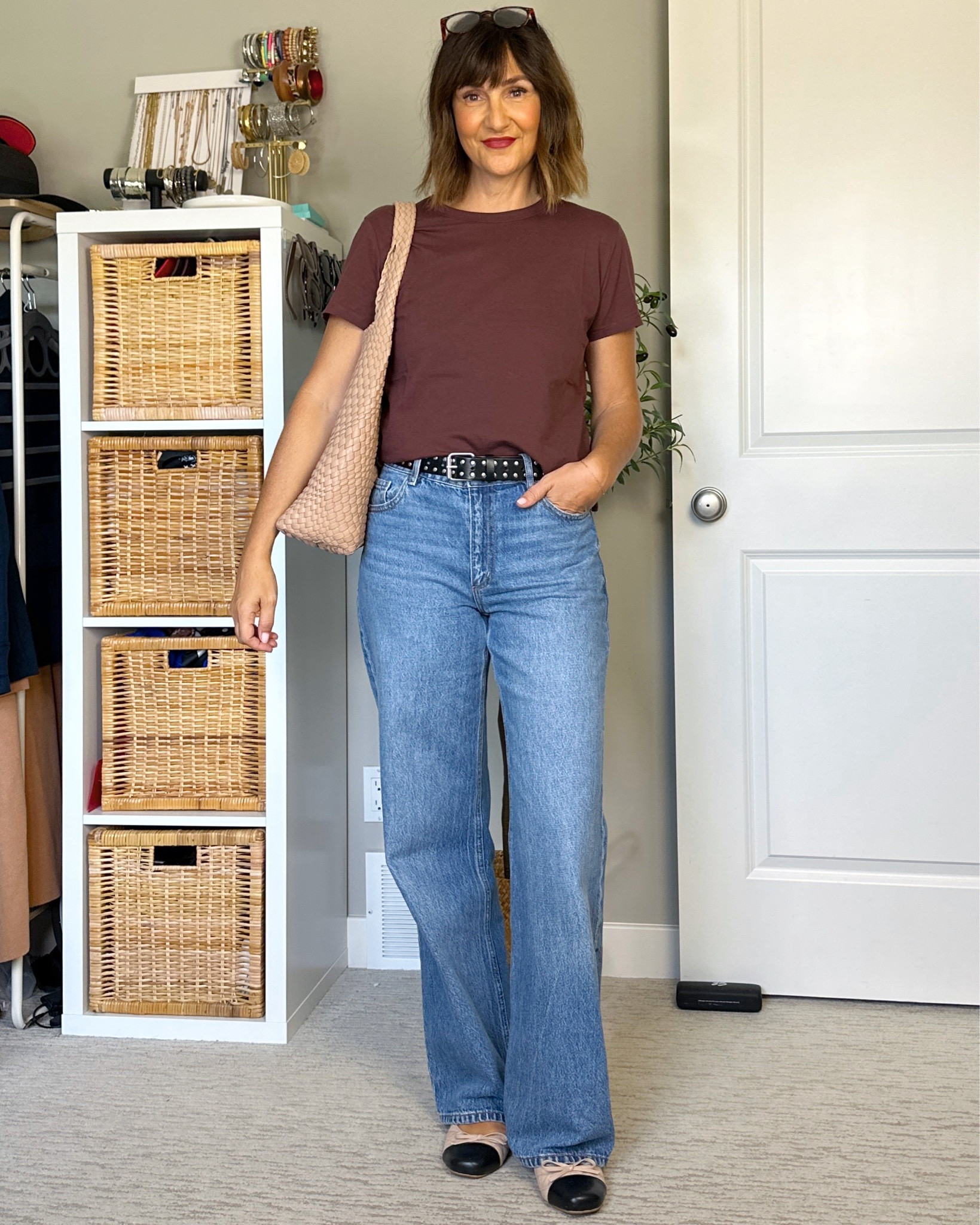 Casual but elevated look. I’m 5’ 7” size 4ish wearing my usual S in the tee (for EVER20 for 20% off), color is “dark mahogany”. 
Wearing my usual size 27 in the jeans. 
The ballet flats fit small, I went up a full size but they might have updated their sizing since then (I got mine 2 years ago).
Also linked my bag, it’s really nice quality, I have it in several color 
Lip color is Maybelline lip crayon in “live on the edge 05"


#LTKOver40 #LTKStyleTip #LTKItBag