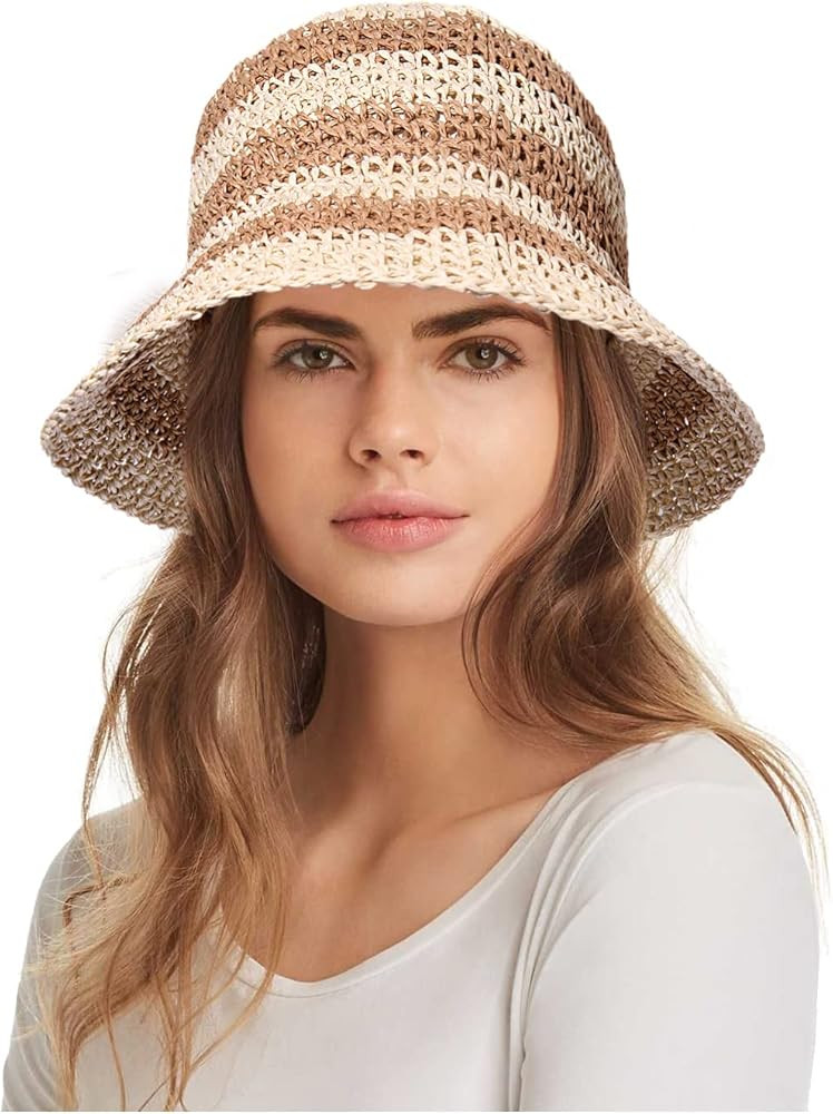 Straw Bucket Hats for Women Striped Crochet Sun Hats Foldable Floppy Beach Hats Summer Travel Acc... | Amazon (US)