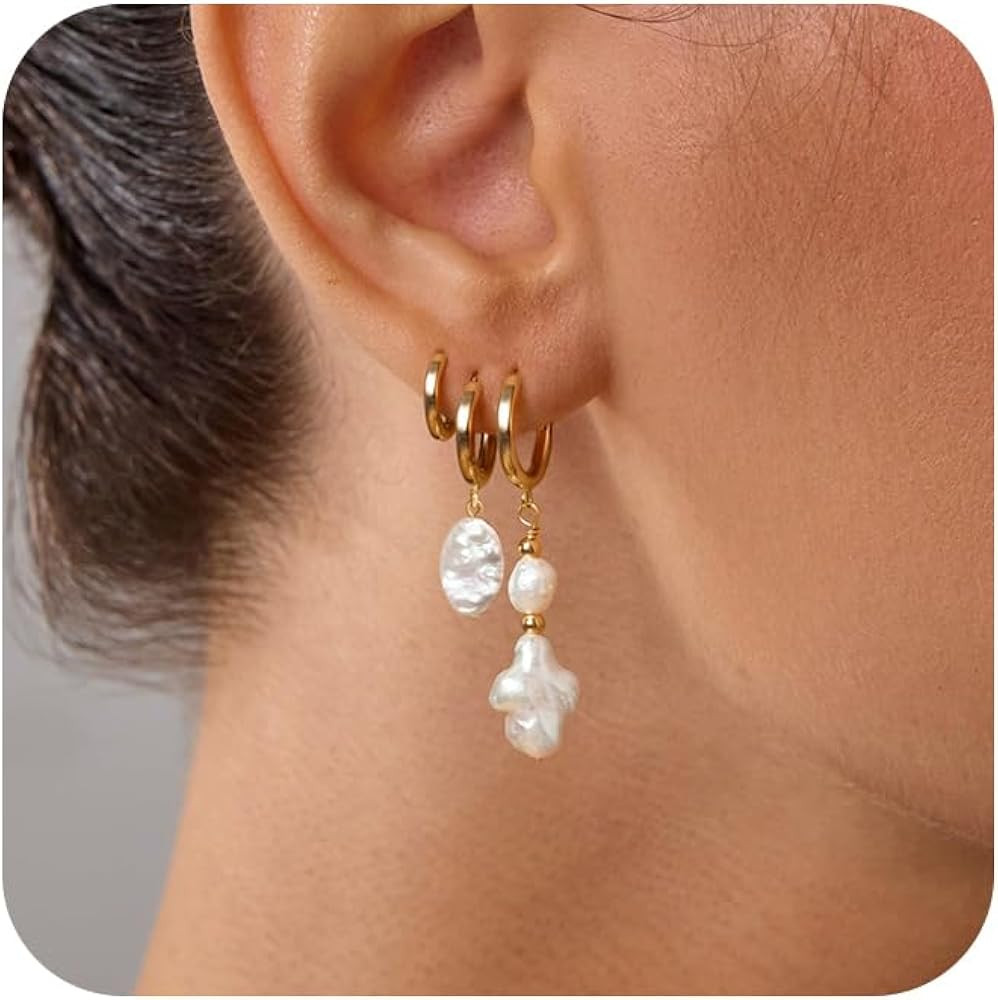 Pearl Earrings For Women Trendy Earring Set Hypoallergenic 14K Gold Plated Earring Stacks Dainty ... | Amazon (US)