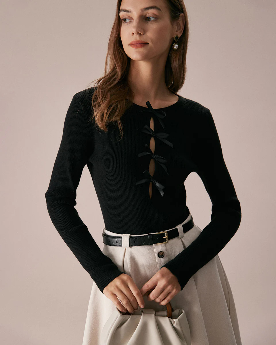 The Black Boat Neck Bowknot Front Knit Top & Reviews - Black - Tops | RIHOAS | rihoas.com