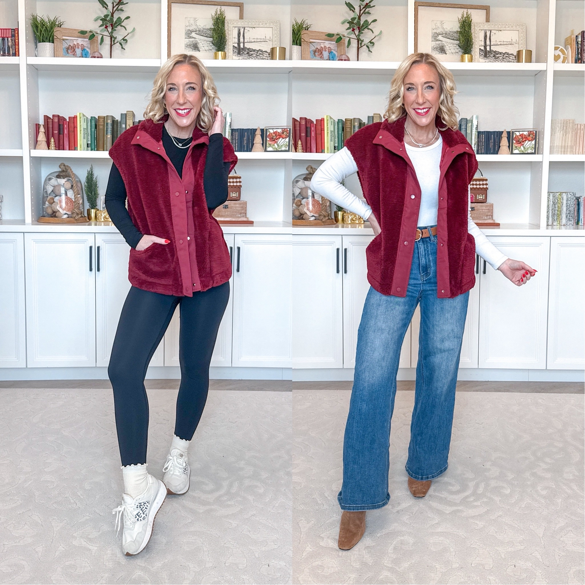 Amazon; new outerwear- • White long sleeve t-shirt - size small. • Wide leg jeans - size 25. • Boots - tts. • Belt - smallest size. 
 
Fuzzy Sherpa Button Vest - size small. 7 colors. 

• Black long sleeve shirt - size small. • Black leggings - size small. • Sneakers - tts. 

 

#LTKSeasonal #LTKFindsUnder50 #LTKOver40