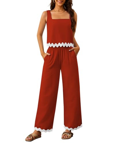 Women's 2 Piece Outfits Summer Sets Linen Sleeveless Crop Tank Top Wide Leg Pants Cruise Vacation... | Amazon (US)