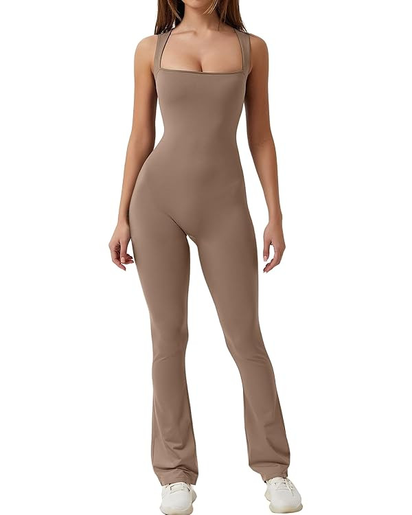 QINSEN Flare Jumpsuits for Women Strappy Square Neck Bodycon Full Length Long Pants Casual Playsu... | Amazon (US)