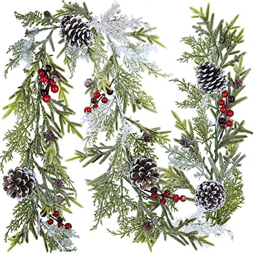 6' Long Snowy Artificial Pine and Cedar Christmas Garland with Pine Cones Red Berries Winter Greenery Garland for Christmas Wedding Winter Seasonal Holiday Table Runner Centerpiece Mantel Decoration | Amazon (US)