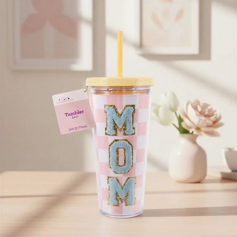 Checkered Mom Patch Tumbler with Straw, Pink, 24 oz, Mother's Day by Way To Celebrate - Walmart.c... | Walmart (US)