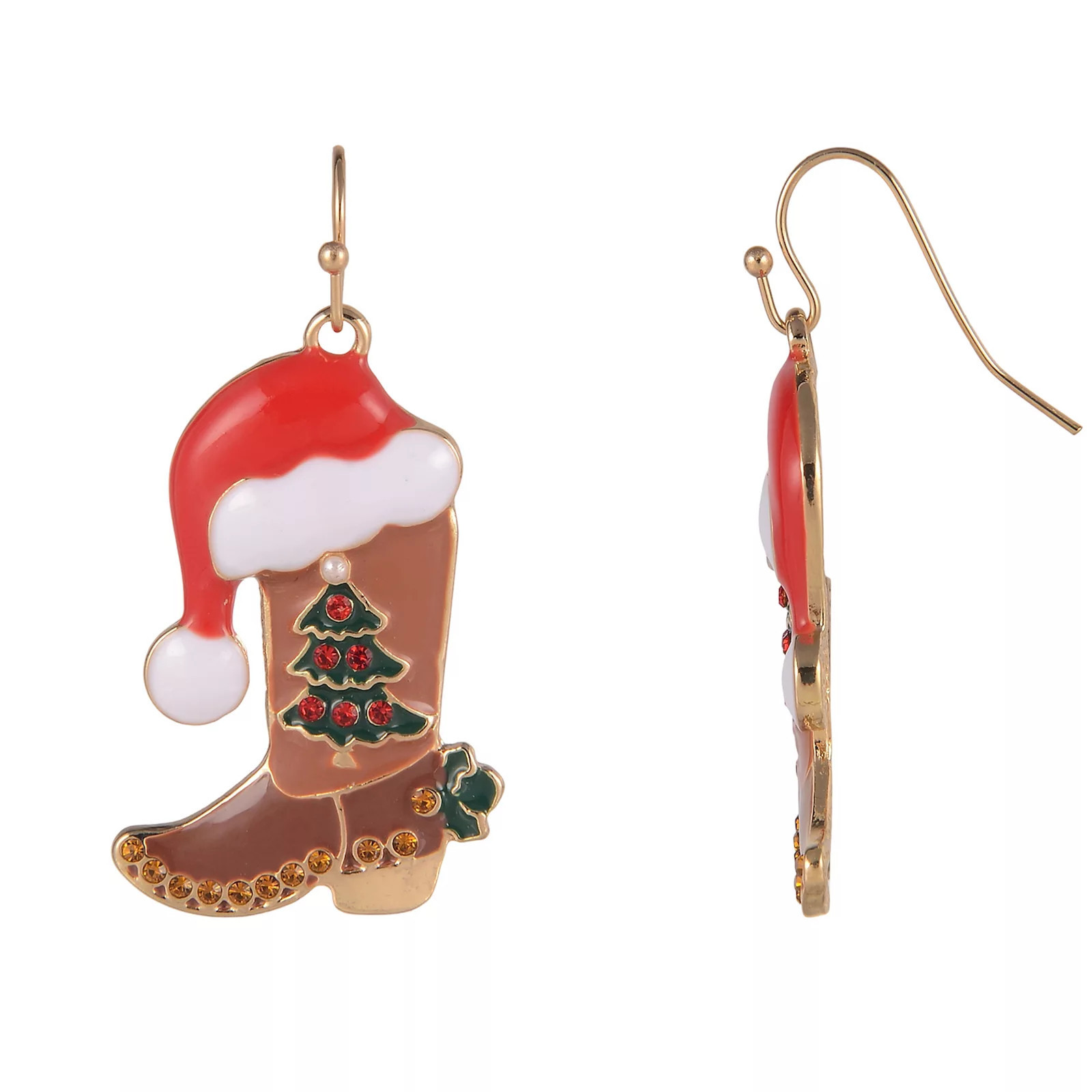 Gold Tone Brown Cowboy Boot Santa Hat Earrings, Women's | Kohl's