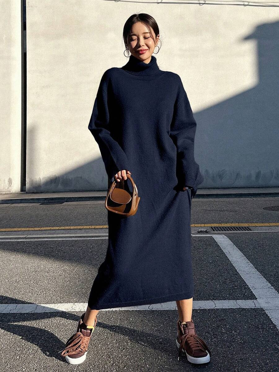 DAZY Solid Color Loose Fitting Turtleneck Dolman Sleeve Sweater Dress For Women,Fall Clothes | SHEIN